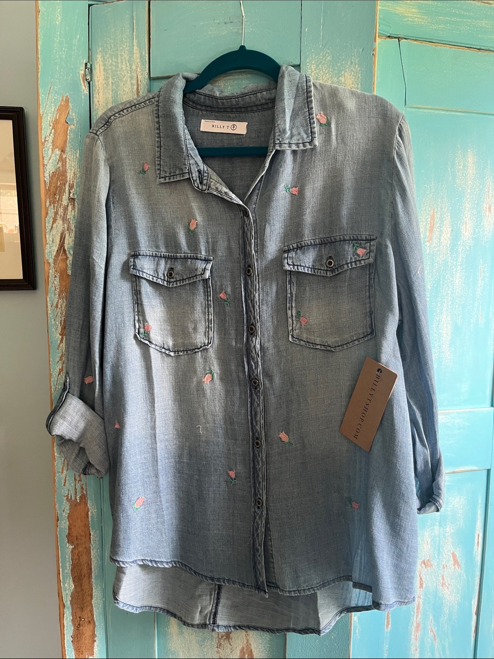 Washed Denim-Effect Button-Up Shirt with Pink Embroidery